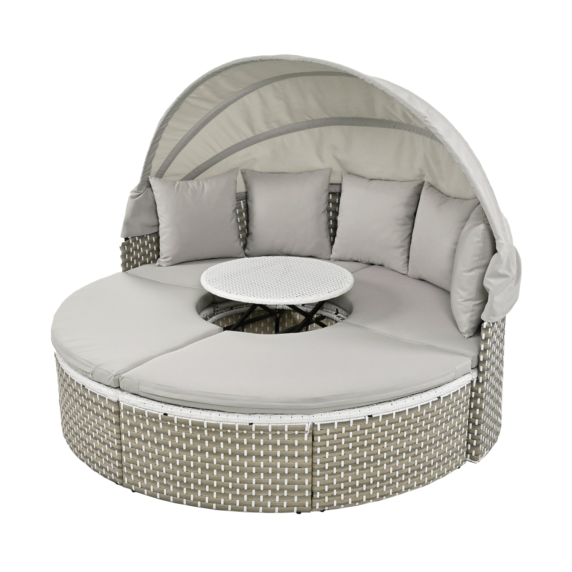 Gray cushions and two-tone wicker detail on the Céleste patio set