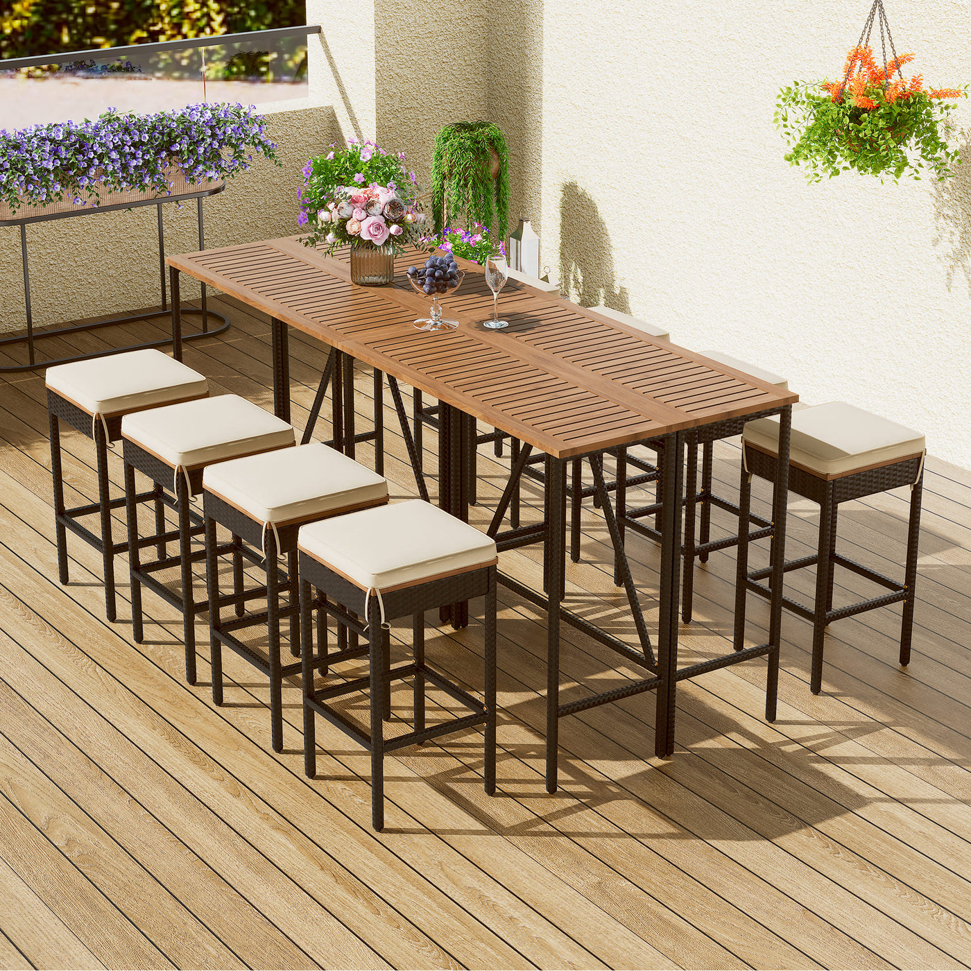 Valmont 10-piece acacia wood outdoor bar dining set with eight stools