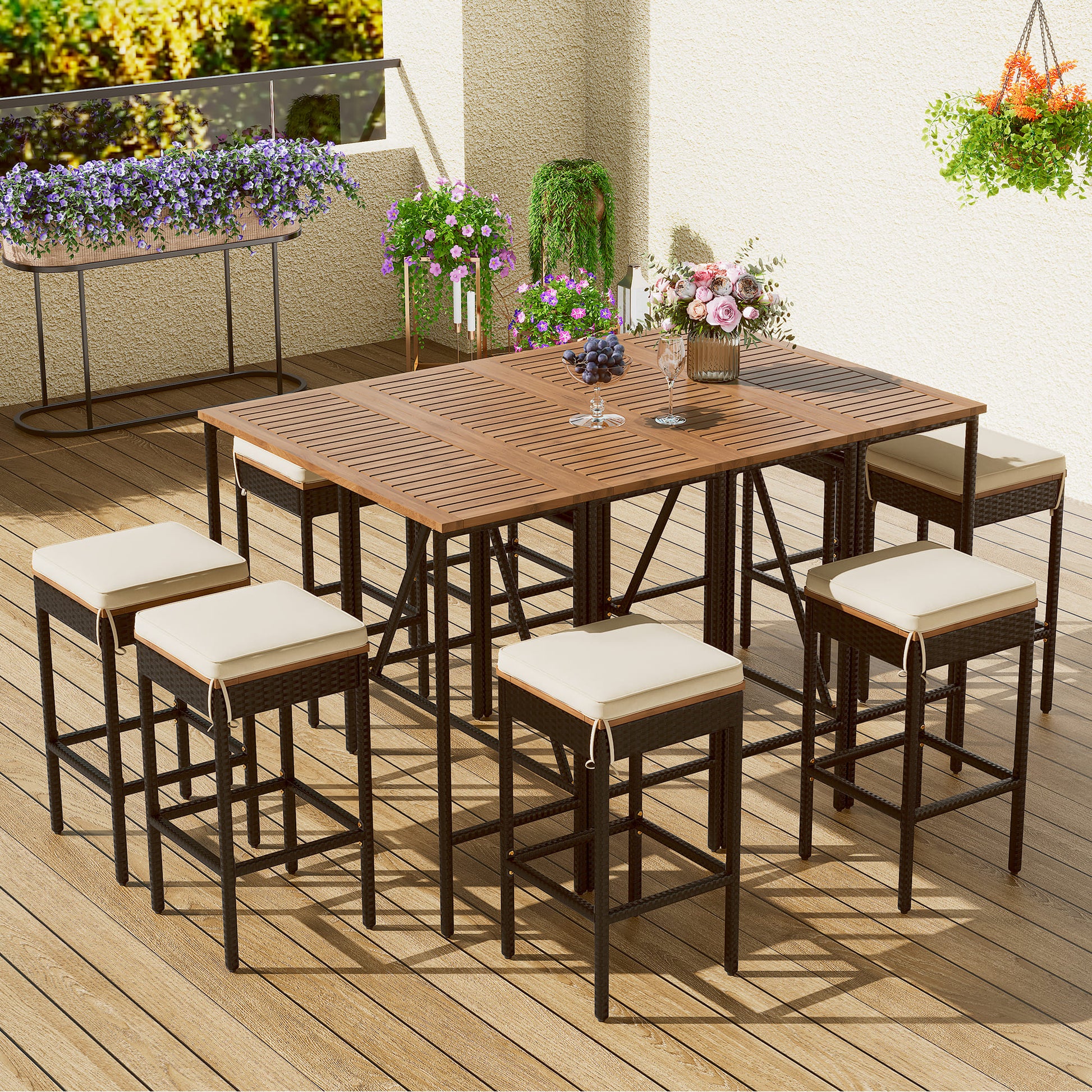 Two foldable bar-height tables in the Valmont outdoor dining set