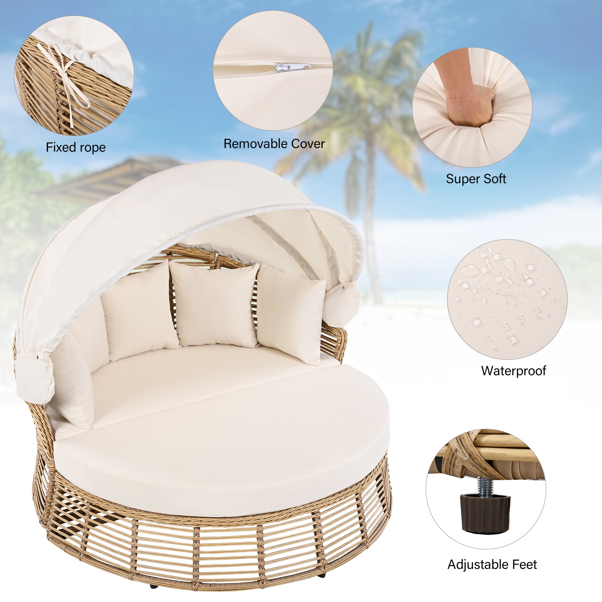 Five pillows arranged on the Élanor round patio daybed