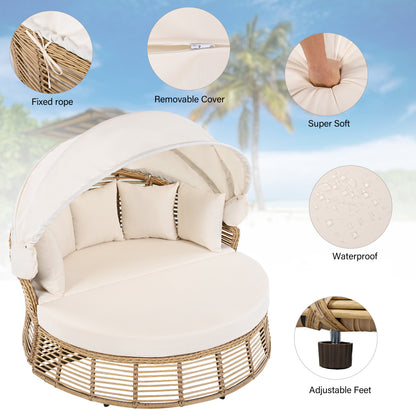 Five pillows arranged on the Élanor round patio daybed
