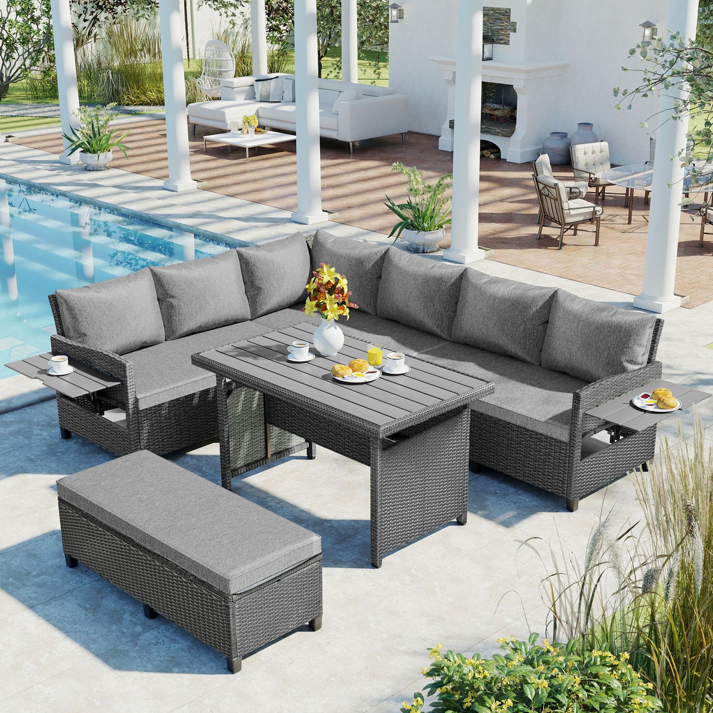 Orsay gray five-piece wicker patio sectional dining set