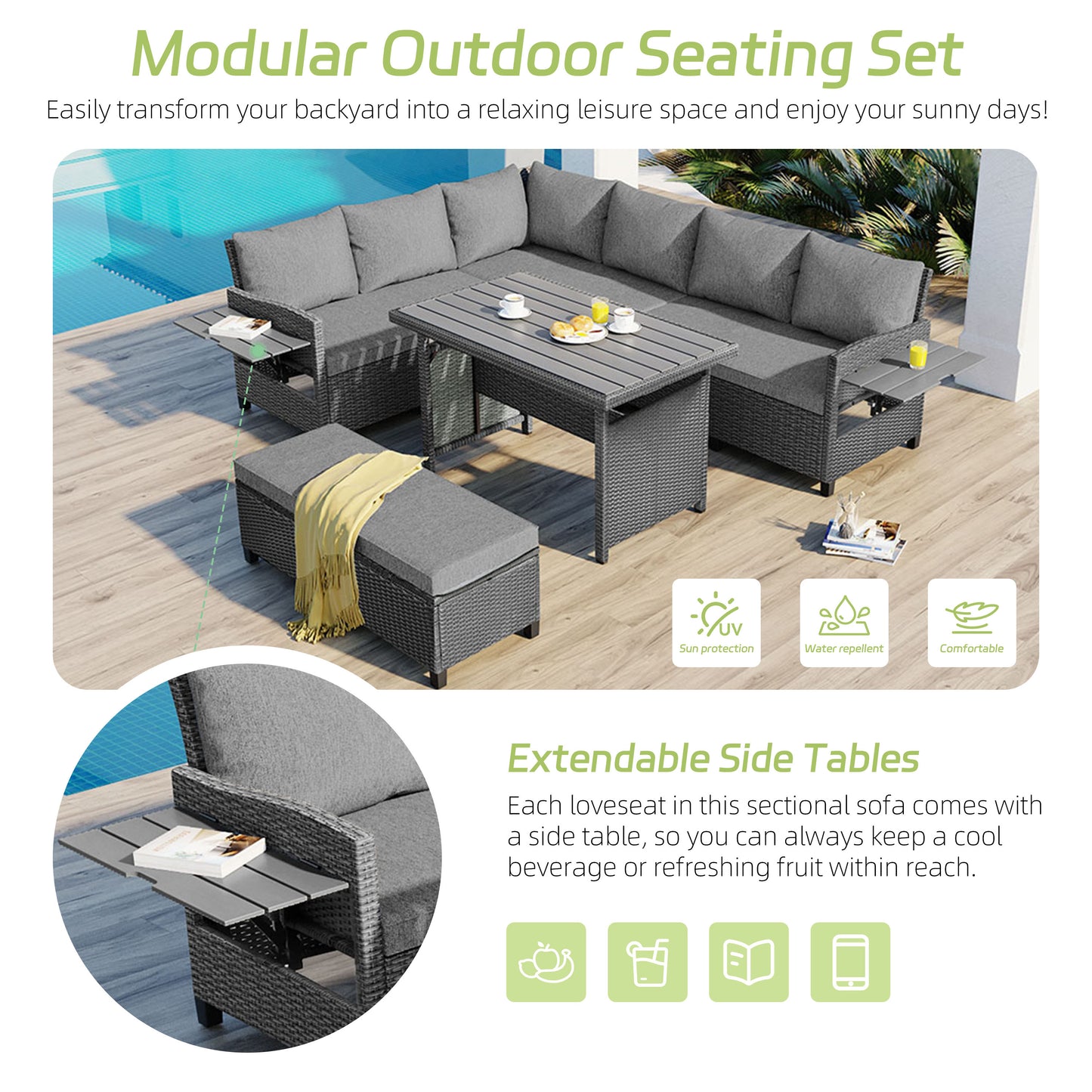 L-shaped Orsay outdoor sectional arranged around the dining table