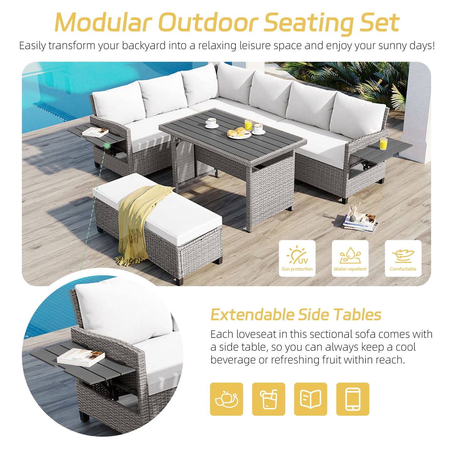L-shaped Lumière outdoor sectional arranged around the dining table