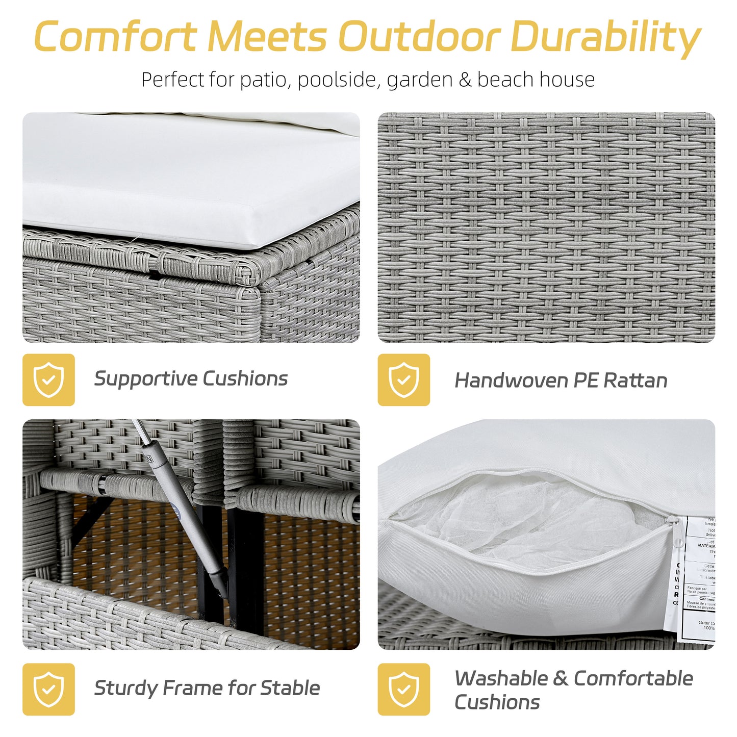 Lift-up side table extended beside a Lumière patio loveseat