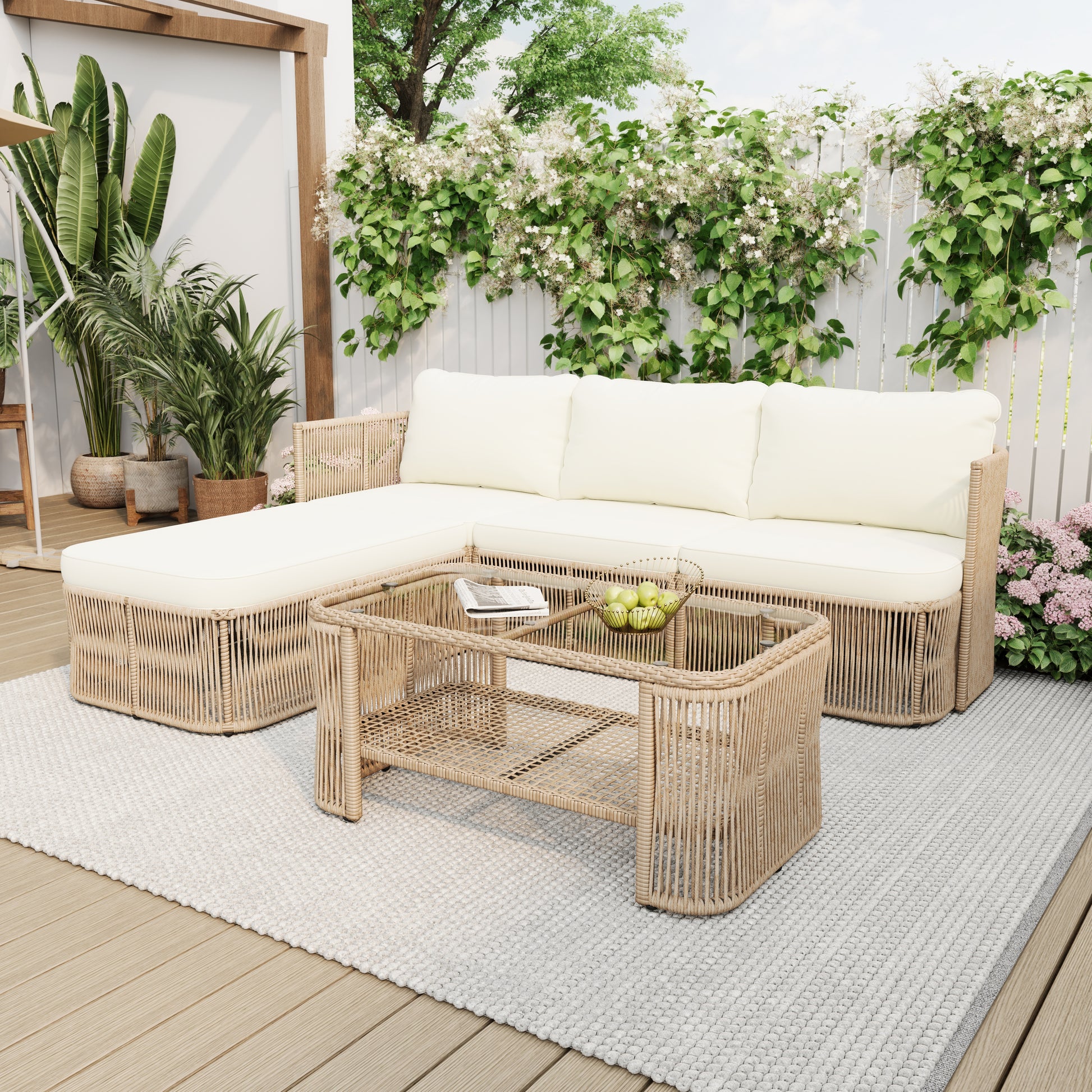 Cream cushions on the Alba beige wicker patio seating