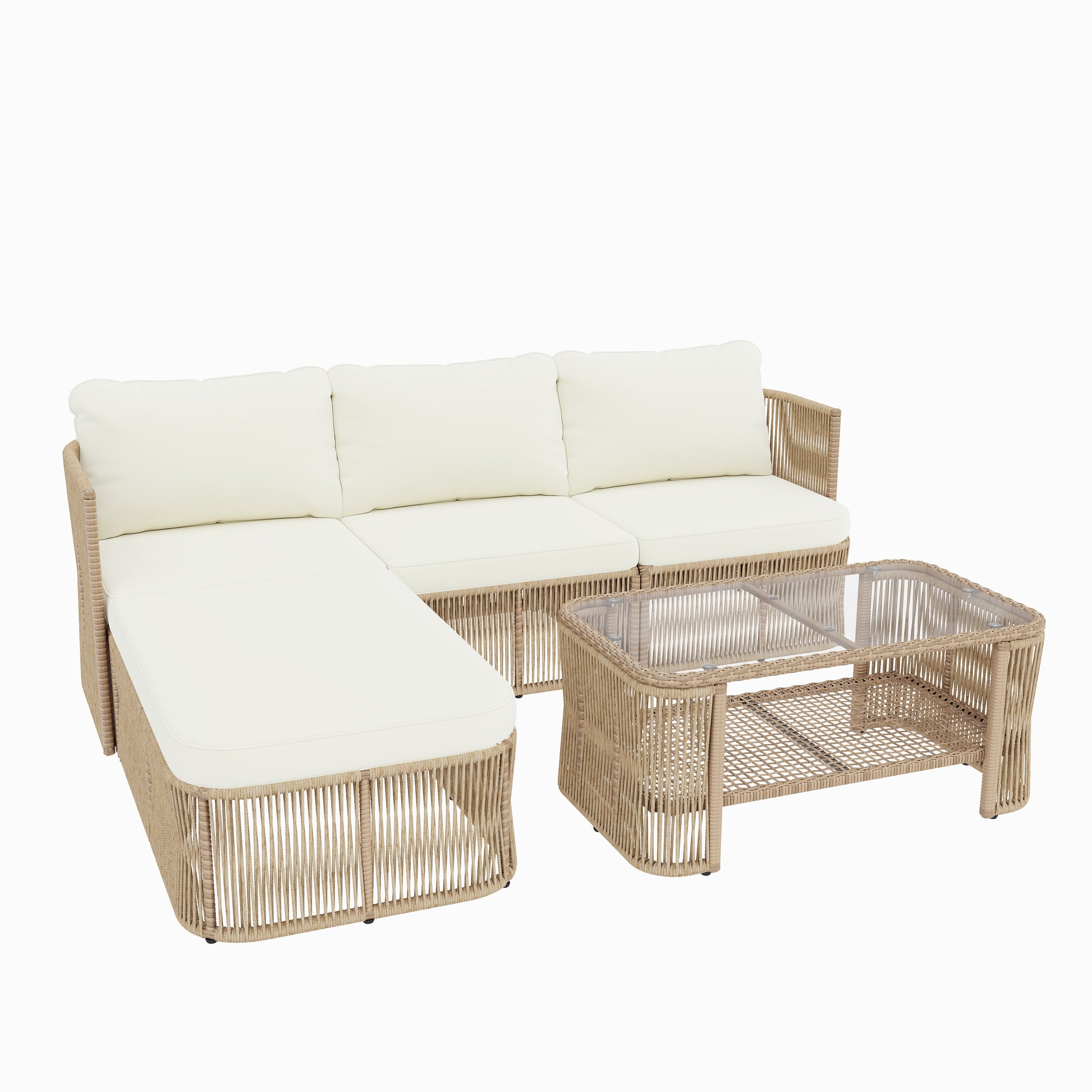 PE rattan weave and iron-supported frame detail on the Alba patio set