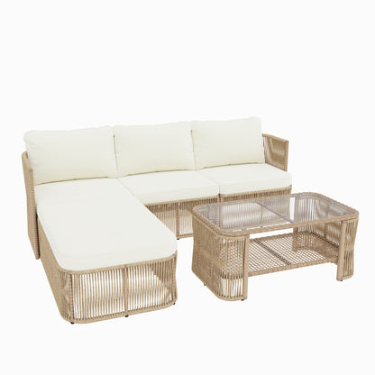 PE rattan weave and iron-supported frame detail on the Alba patio set