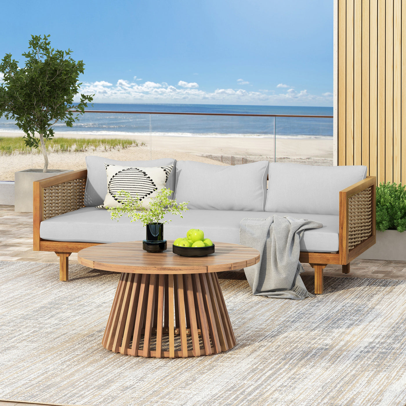 Serein teak-finish acacia wood patio daybed with square coffee table